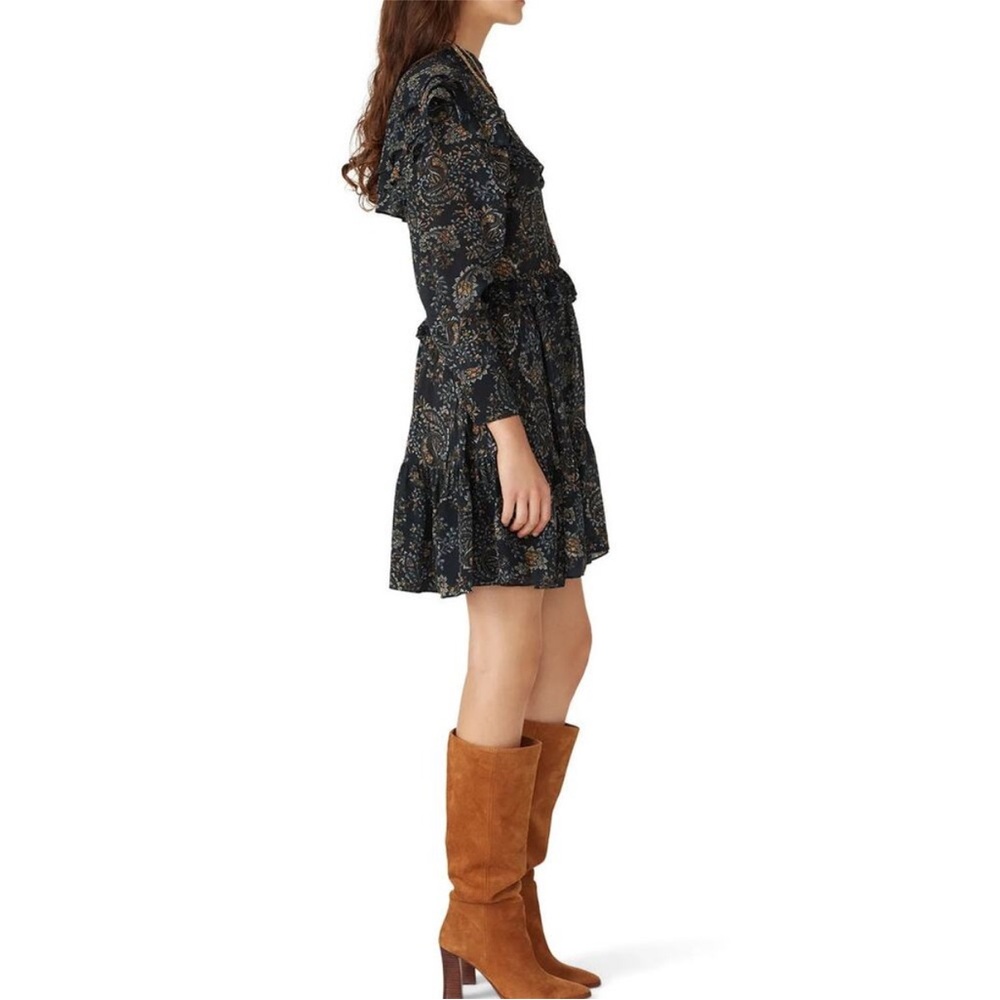 Nicholas Elsie Black Paisley Ruffle A-Line Long Sleeve Boho Mini Dress NWT - Picture 3 of 12